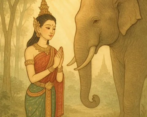 Princess Nang Sumontha showing kindness to a forest giant under the morning sun, symbolizing purity, forgiveness, and harmony between humanity and nature.