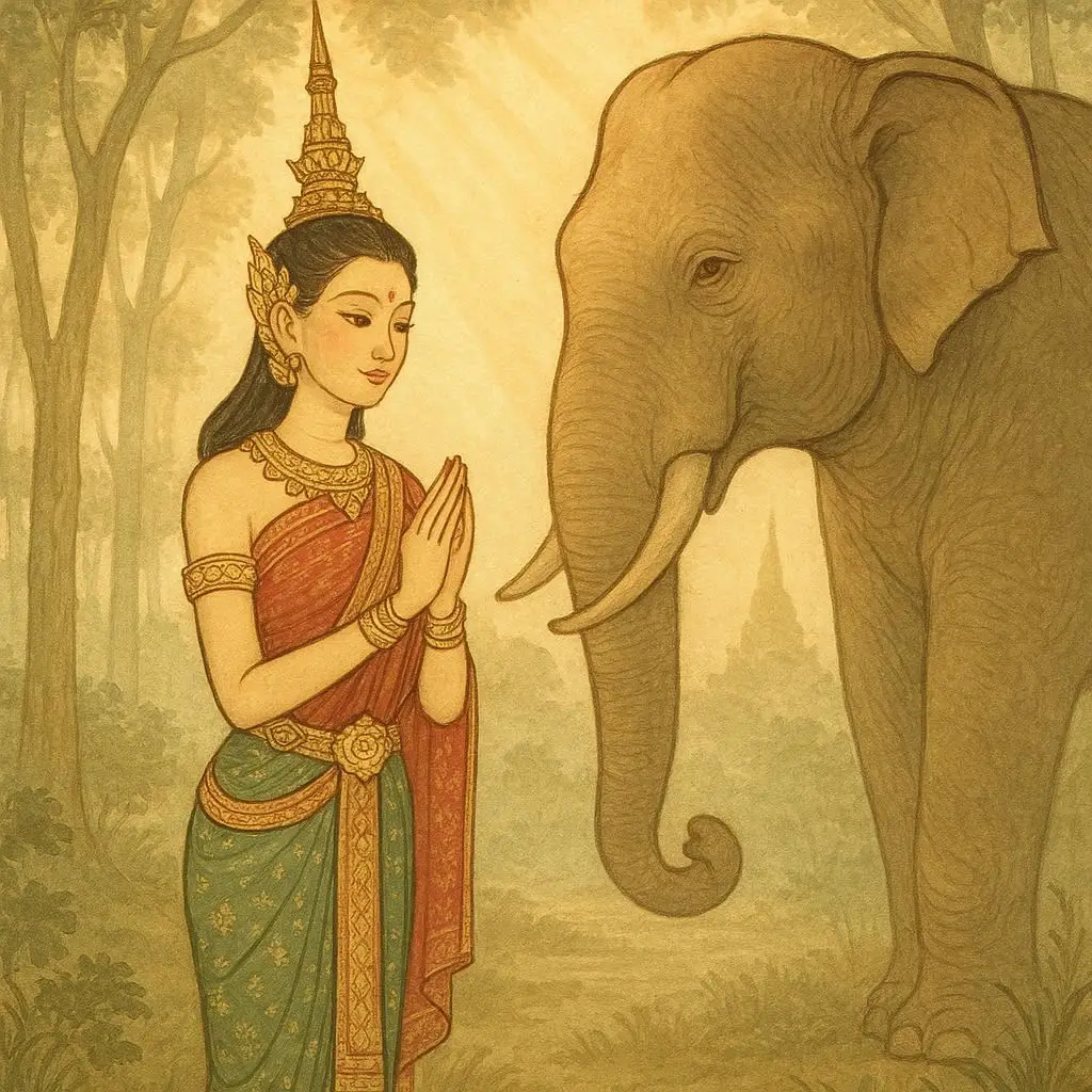 Princess Nang Sumontha showing kindness to a forest giant under the morning sun, symbolizing purity, forgiveness, and harmony between humanity and nature.