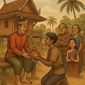 a humble Thai farmer returning a purse of gold to a village chief as a greedy merchant looks on, symbolizing honesty rewarded and greed exposed.