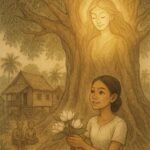 a kind Cambodian girl offering flowers beneath a glowing fig tree as a radiant spirit watches over her, symbolizing love, faith, and gratitude.