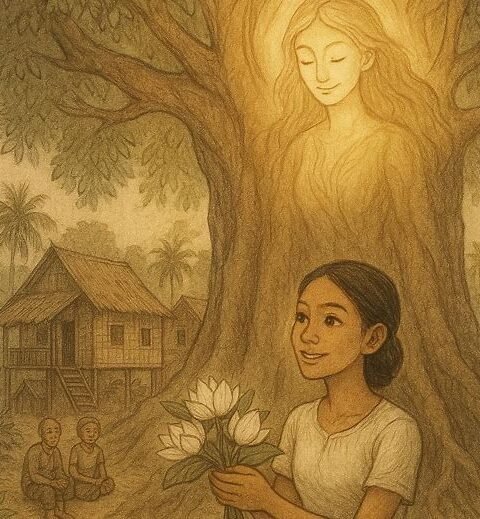 a kind Cambodian girl offering flowers beneath a glowing fig tree as a radiant spirit watches over her, symbolizing love, faith, and gratitude.