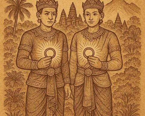 two royal brothers in Khmer attire holding magical rings, representing loyalty, justice, and reunion in the Cambodian epic Vorvong and Sorvong.