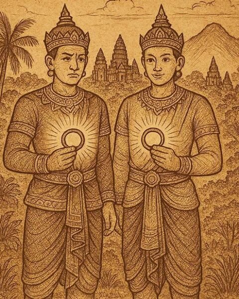 two royal brothers in Khmer attire holding magical rings, representing loyalty, justice, and reunion in the Cambodian epic Vorvong and Sorvong.