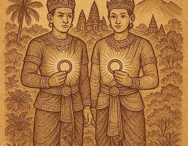 two royal brothers in Khmer attire holding magical rings, representing loyalty, justice, and reunion in the Cambodian epic Vorvong and Sorvong.