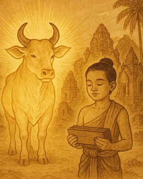 Preah Ko, the sacred ox, and his human brother Preah Keo glowing with divine light before ancient Khmer temples, symbolizing unity, protection, and spiritual faith.