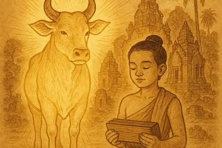 Preah Ko, the sacred ox, and his human brother Preah Keo glowing with divine light before ancient Khmer temples, symbolizing unity, protection, and spiritual faith.