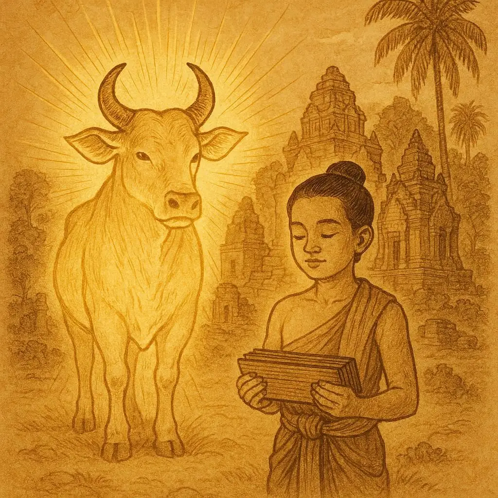 Preah Ko, the sacred ox, and his human brother Preah Keo glowing with divine light before ancient Khmer temples, symbolizing unity, protection, and spiritual faith.