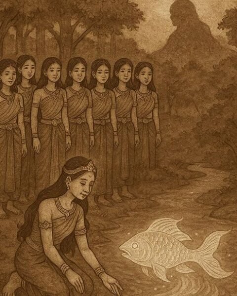 the twelve sisters in a moonlit Cambodian forest, with Neang KongRei kneeling by a glowing river and a divine fish spirit appearing, symbolizing compassion and endurance.