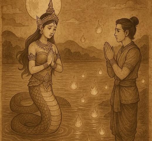 Naga Princess emerging from the glowing Mekong River beneath a full moon, as the Human Prince watches surrounded by rising Naga Fireballs, symbolizing love and broken harmony.