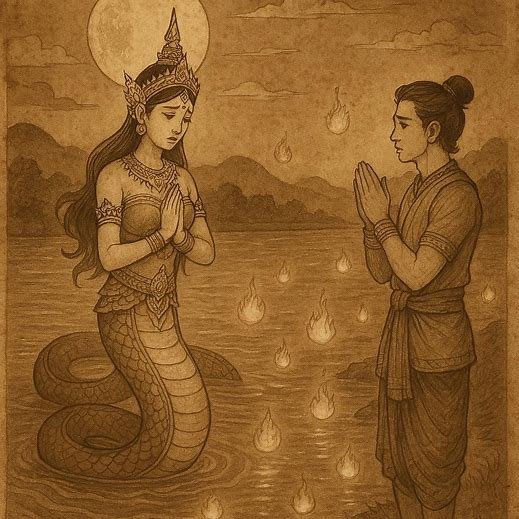 Naga Princess emerging from the glowing Mekong River beneath a full moon, as the Human Prince watches surrounded by rising Naga Fireballs, symbolizing love and broken harmony.