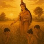 the Rice Goddess Mae Posop blessing golden rice fields as villagers give thanks, symbolizing the Lao folktale about gratitude and respect for nature.