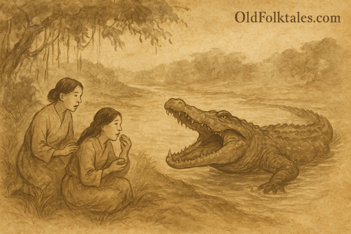 Parchment-style illustration of angry alligator confronting villagers in Philippine folktale scene