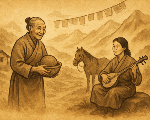 Parchment-style illustration of Meme Haylay Haylay trading with a young musician in the Bhutanese mountains, ink and watercolor style.