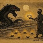 Parchment-style artwork of a Maldivian fandita man facing a sea monster beneath moonlight.