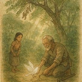 Parchment-style artwork of a woodcutter freeing a silver bird under a tamarind tree, Sri Lankan folktale scene.