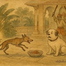 Parchment-style artwork of a hungry jackal lunging toward palace food beside the royal dog, Sri Lankan folktale scene.