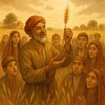 Parchment-style illustration of Turkmen farmer showing golden wheat to villagers, Turkmen folktale.