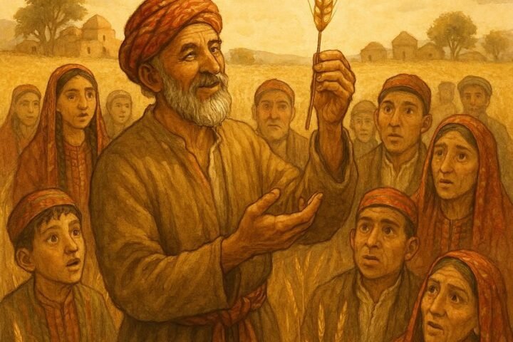 Parchment-style illustration of Turkmen farmer showing golden wheat to villagers, Turkmen folktale.