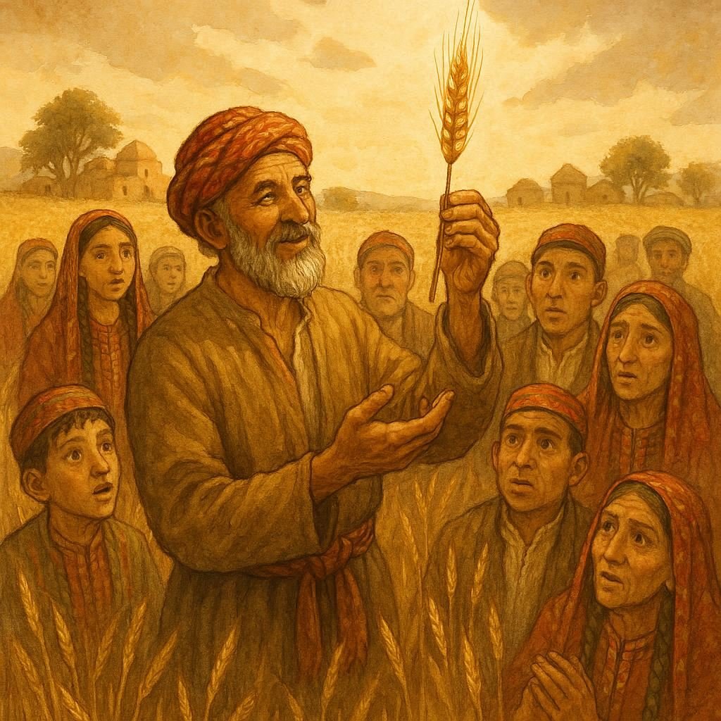 Parchment-style illustration of Turkmen farmer showing golden wheat to villagers, Turkmen folktale.