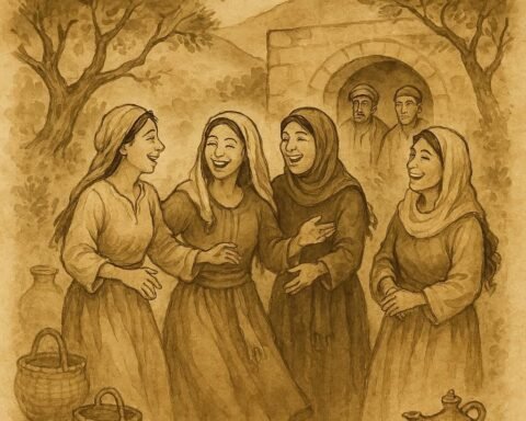 Parchment-style illustration of Zahra and Lebanese women outsmarting men in a mountain courtyard
