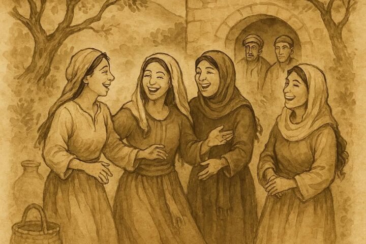 Parchment-style illustration of Zahra and Lebanese women outsmarting men in a mountain courtyard