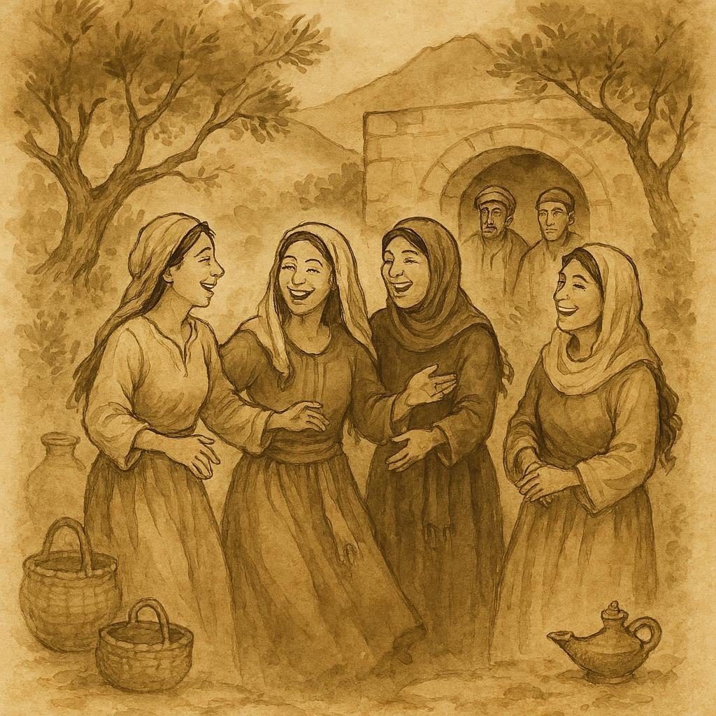 Parchment-style illustration of Zahra and Lebanese women outsmarting men in a mountain courtyard
