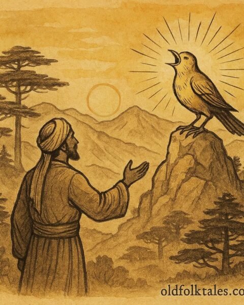 Parchment-style artwork of Jamil meeting the magical Nightingale on a Lebanese mountain