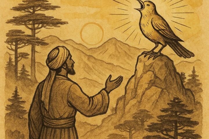 Parchment-style artwork of Jamil meeting the magical Nightingale on a Lebanese mountain