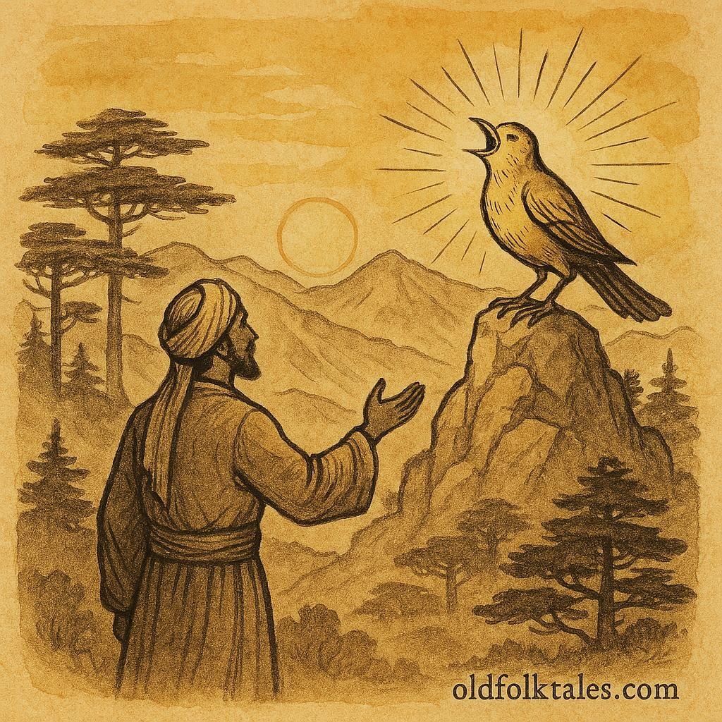 Parchment-style artwork of Jamil meeting the magical Nightingale on a Lebanese mountain