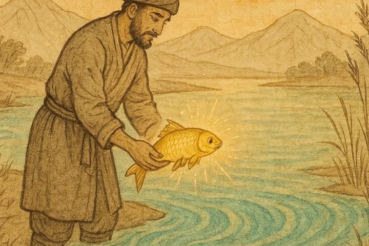 Parchment-style artwork of Hasan releasing a glowing golden fish into the river, Uzbek folktale scene.