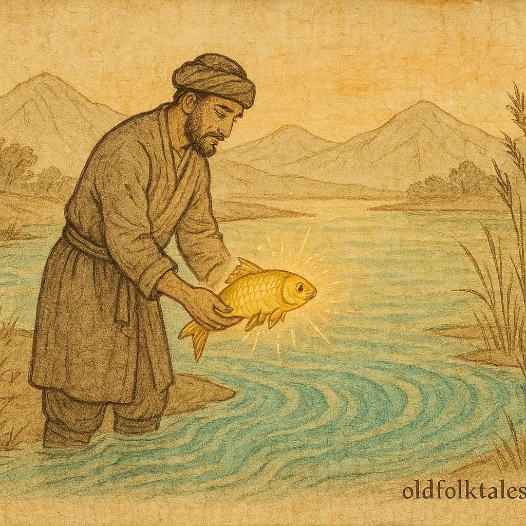 Parchment-style artwork of Hasan releasing a glowing golden fish into the river, Uzbek folktale scene.