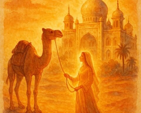 Parchment-style artwork of a camel and princess in a desert palace, Jordanian folktale scene.