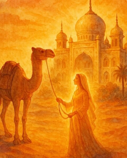 Parchment-style artwork of a camel and princess in a desert palace, Jordanian folktale scene.