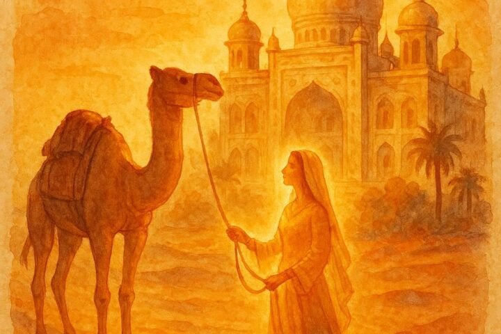 Parchment-style artwork of a camel and princess in a desert palace, Jordanian folktale scene.