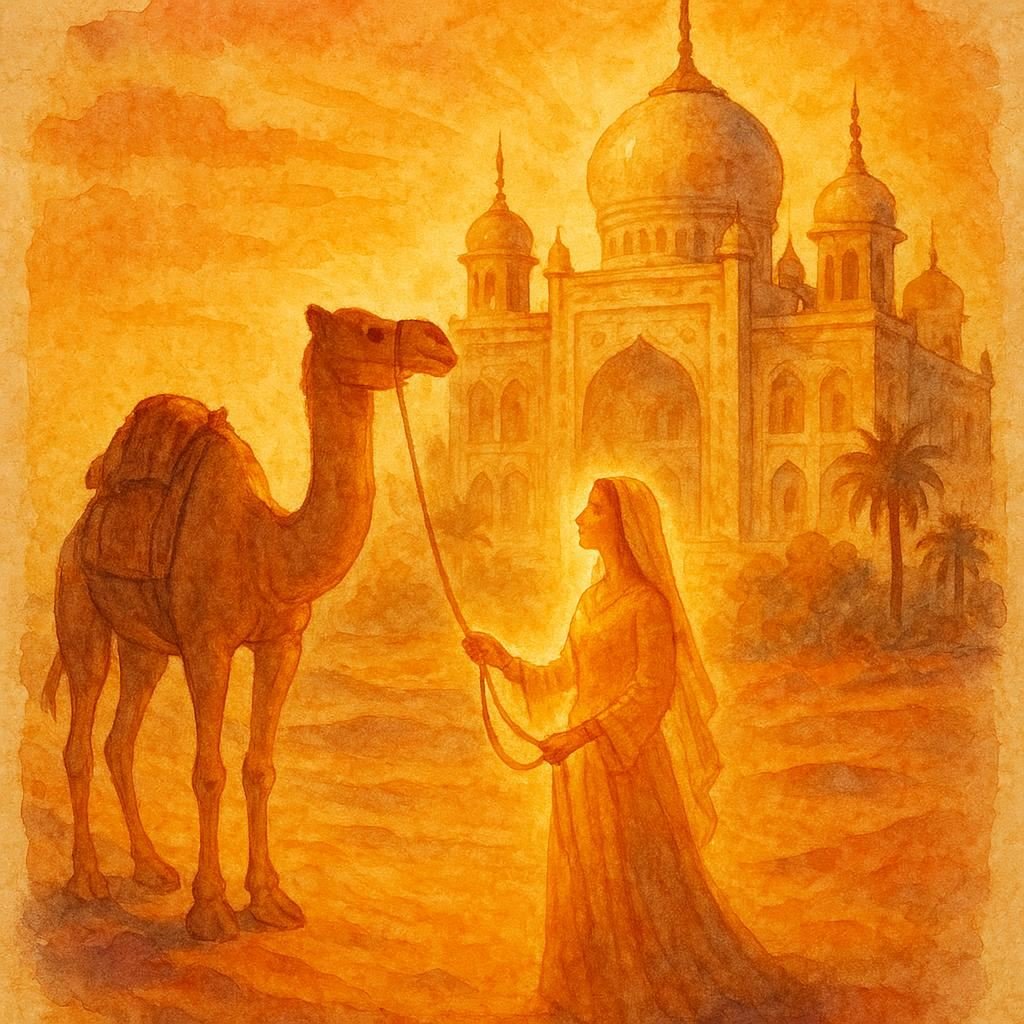 Parchment-style artwork of a camel and princess in a desert palace, Jordanian folktale scene.