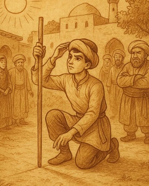 Parchment-style artwork of a clever Turkmen youth measuring a courtyard, Turkmen folktale scene.