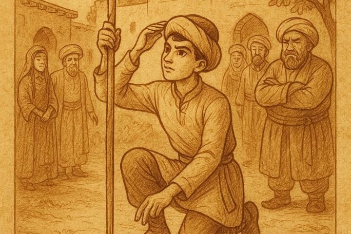 Parchment-style artwork of a clever Turkmen youth measuring a courtyard, Turkmen folktale scene.