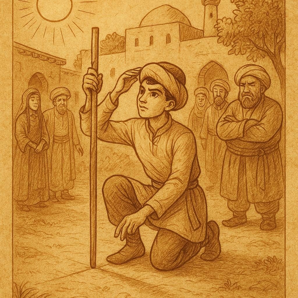 Parchment-style artwork of a clever Turkmen youth measuring a courtyard, Turkmen folktale scene.