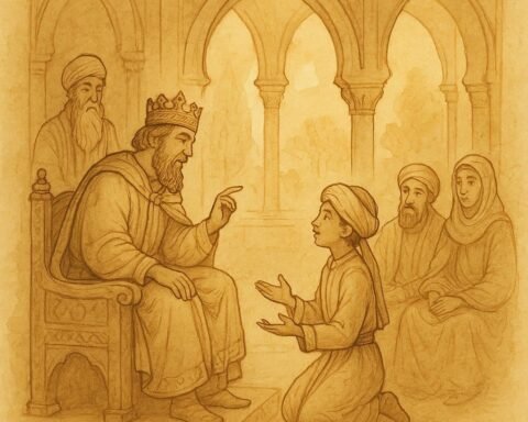 Parchment-style artwork of the young prince answering his father’s riddle, Syrian folktale scene.