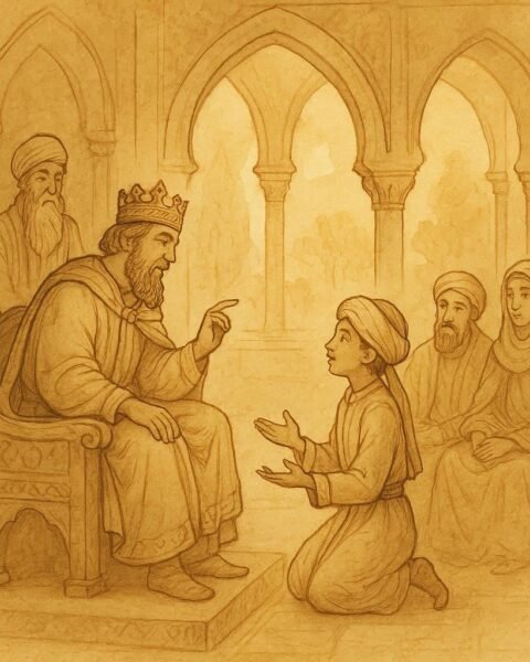 Parchment-style artwork of the young prince answering his father’s riddle, Syrian folktale scene.