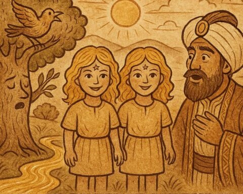 Parchment-style artwork of golden-haired twins, speaking bird, and Sultan, Turkish folktale scene.