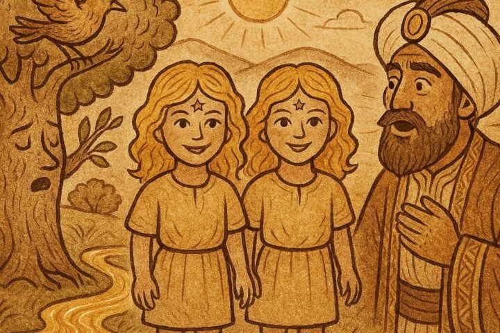 Parchment-style artwork of golden-haired twins, speaking bird, and Sultan, Turkish folktale scene.