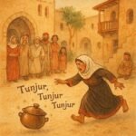 Parchment-style illustration of a rolling talking pot in a Palestinian village, inspired by Palestinian folktale.