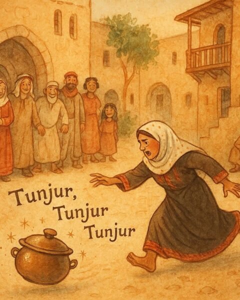 Parchment-style illustration of a rolling talking pot in a Palestinian village, inspired by Palestinian folktale.