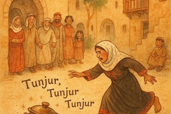 Parchment-style illustration of a rolling talking pot in a Palestinian village, inspired by Palestinian folktale.