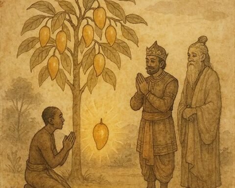 Parchment-style artwork of a golden mango tree beside a peasant and king, Sri Lankan folktale scene.