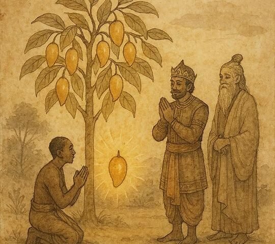 Parchment-style artwork of a golden mango tree beside a peasant and king, Sri Lankan folktale scene.