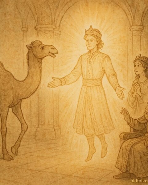 Parchment-style artwork of a camel transforming into a prince before the king and princess, Israeli folktale scene
