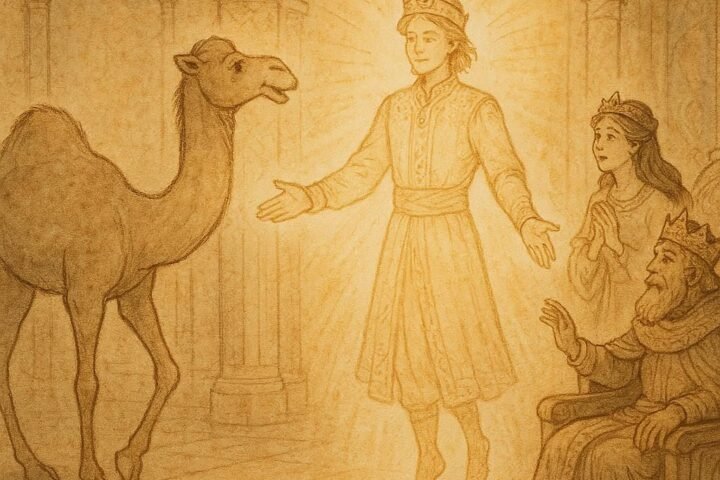 Parchment-style artwork of a camel transforming into a prince before the king and princess, Israeli folktale scene