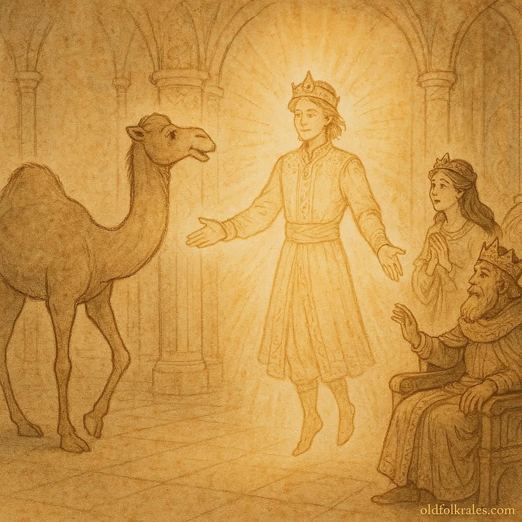 Parchment-style artwork of a camel transforming into a prince before the king and princess, Israeli folktale scene